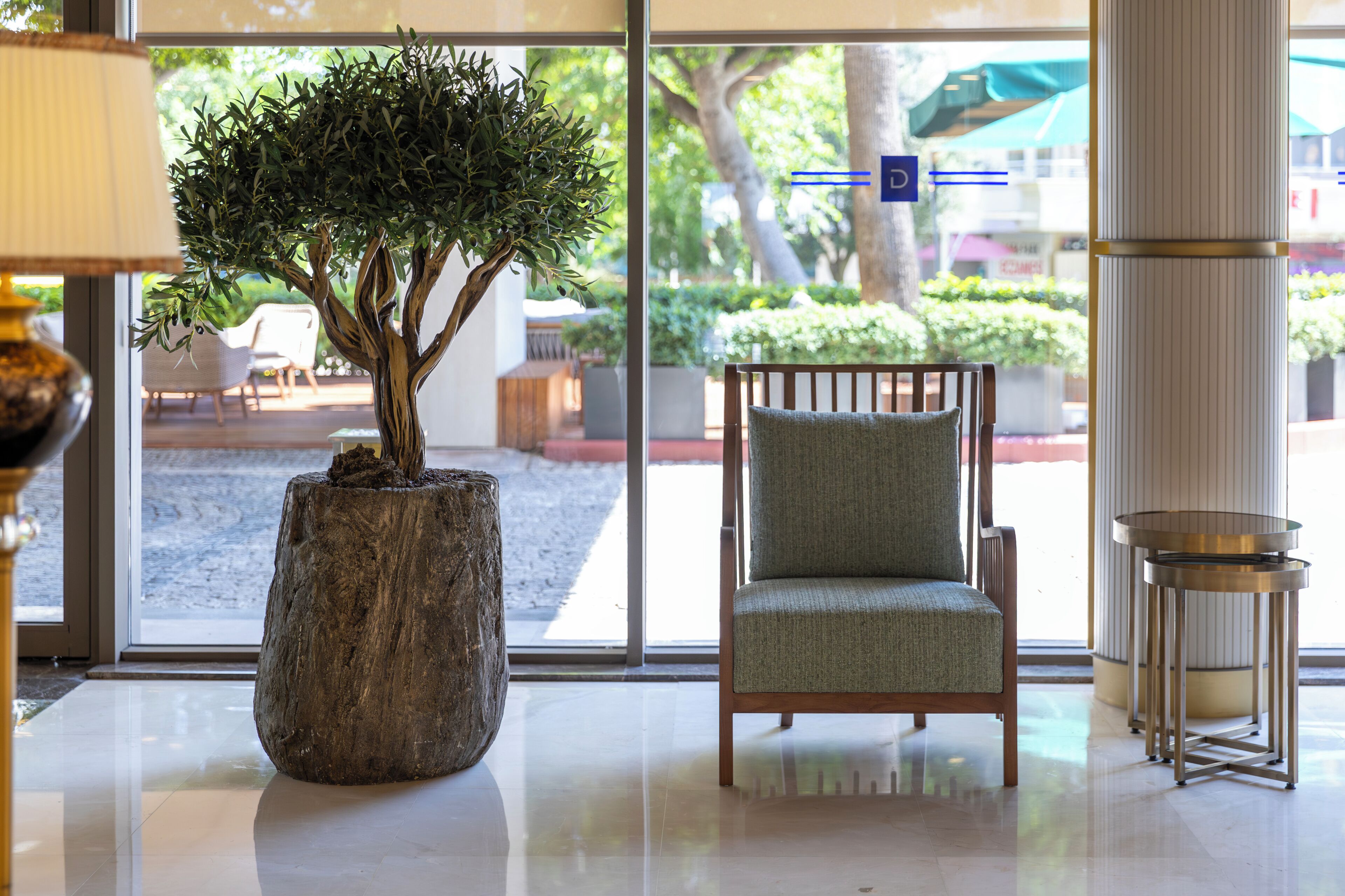 Een hal met een grote potplant, een comfortabele fauteuil en een tafel met glazen blad.