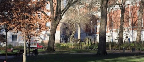 Un parque con árboles y un banco, rodeado de edificios.