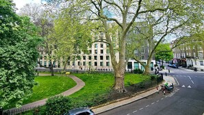 A tree-lined street with a modern building, a clear sky, and a parked car. - Mentone Hotel (London)