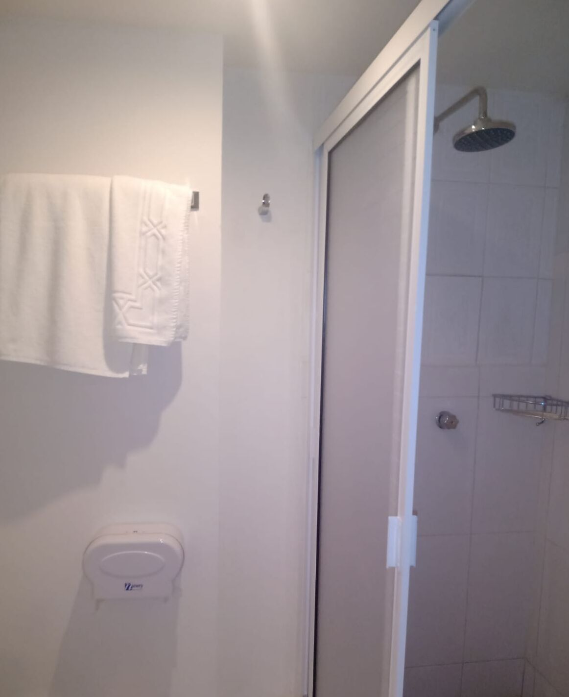 A bathroom with a shower, a toilet, and a towel hanging on the wall.