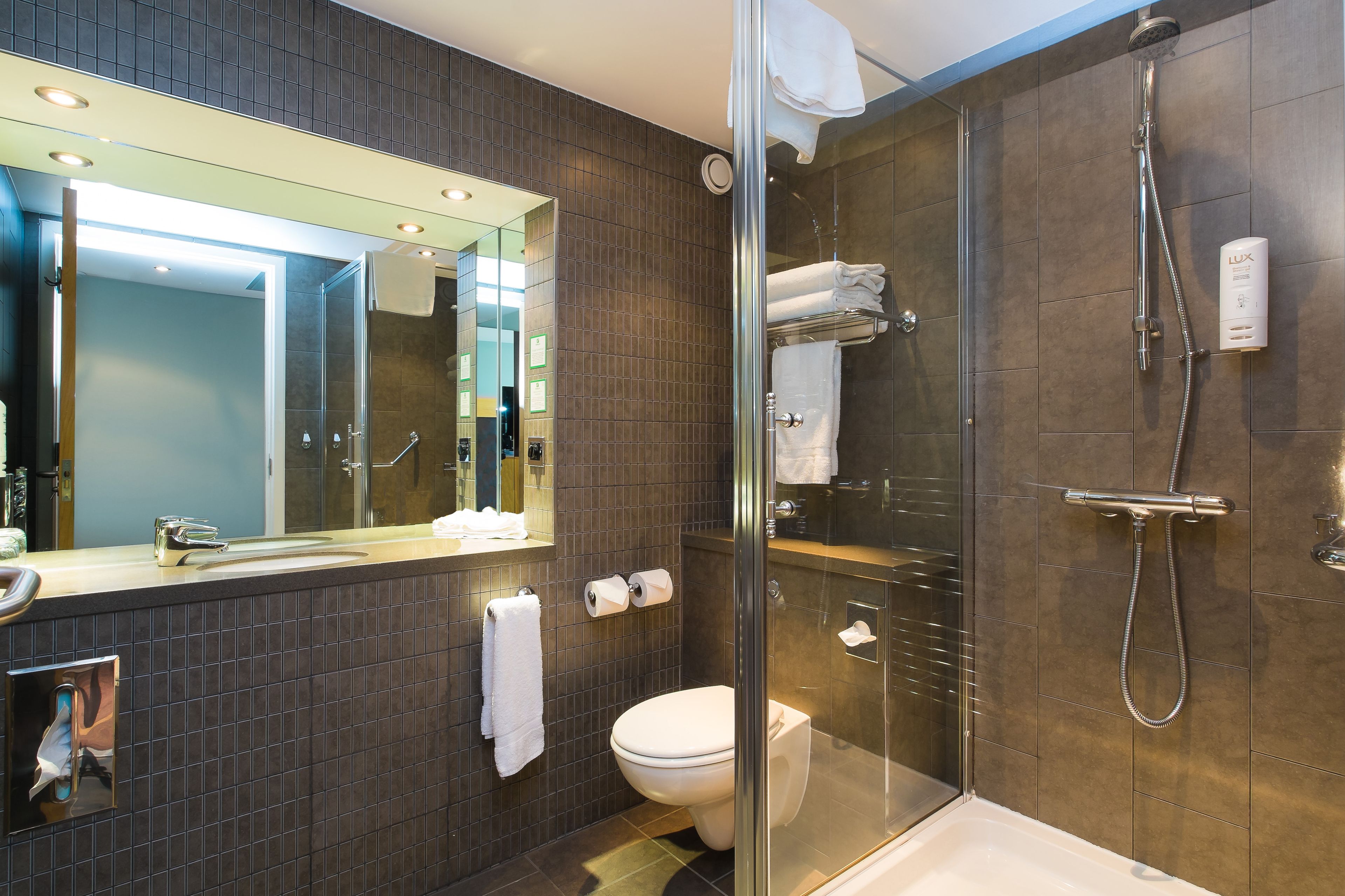Ein modernes Badezimmer mit Duschkabine aus Glas, einem großen Spiegel und einer Toilette.