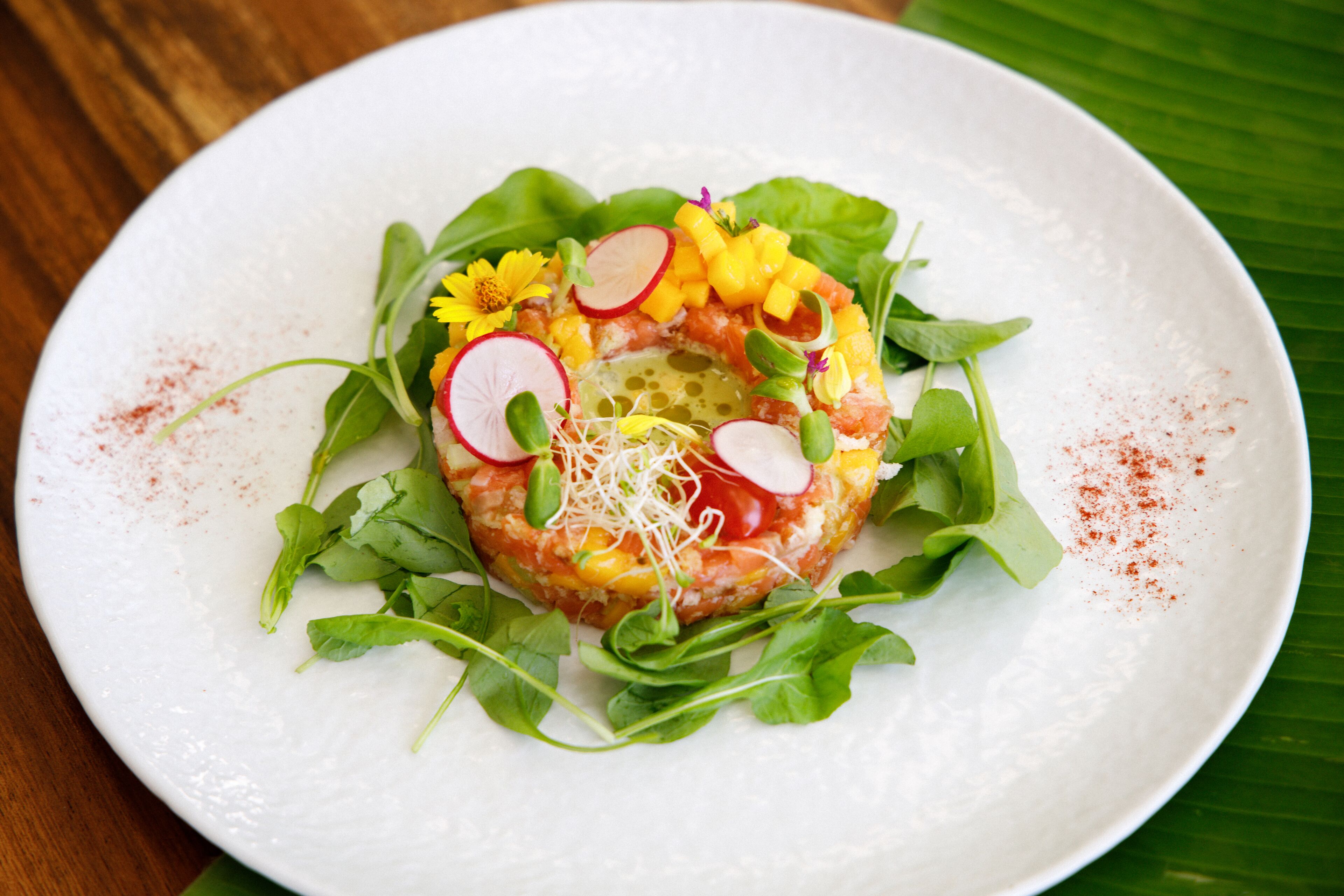 A white plate with a food dish, garnished with radishes, herbs, and possibly some sprouts.