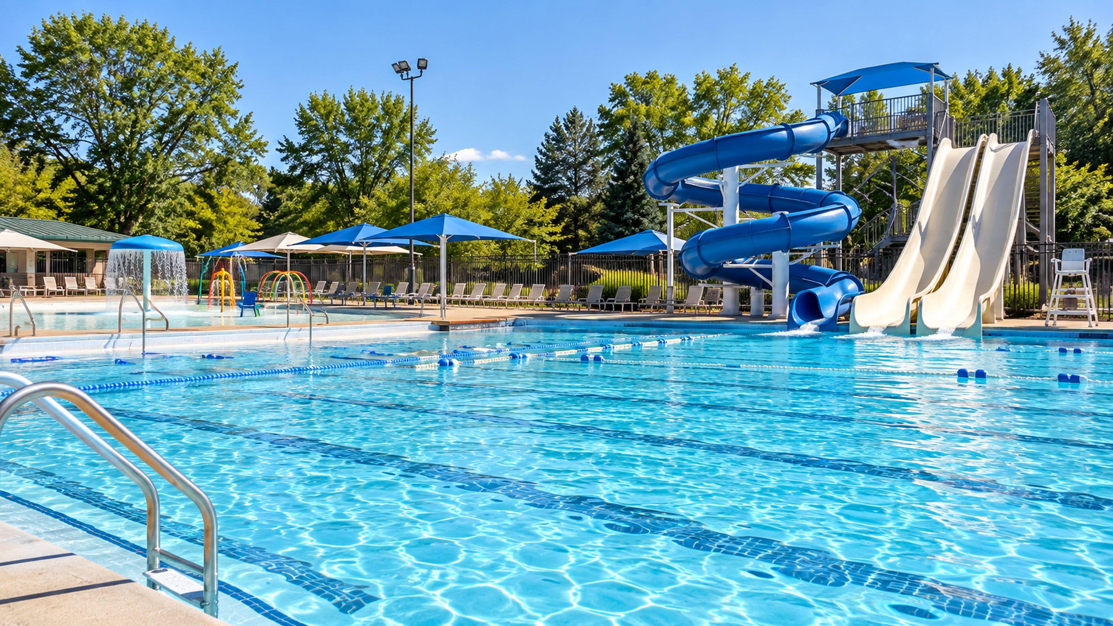 A swimming pool with a water slide and lounge chairs.
