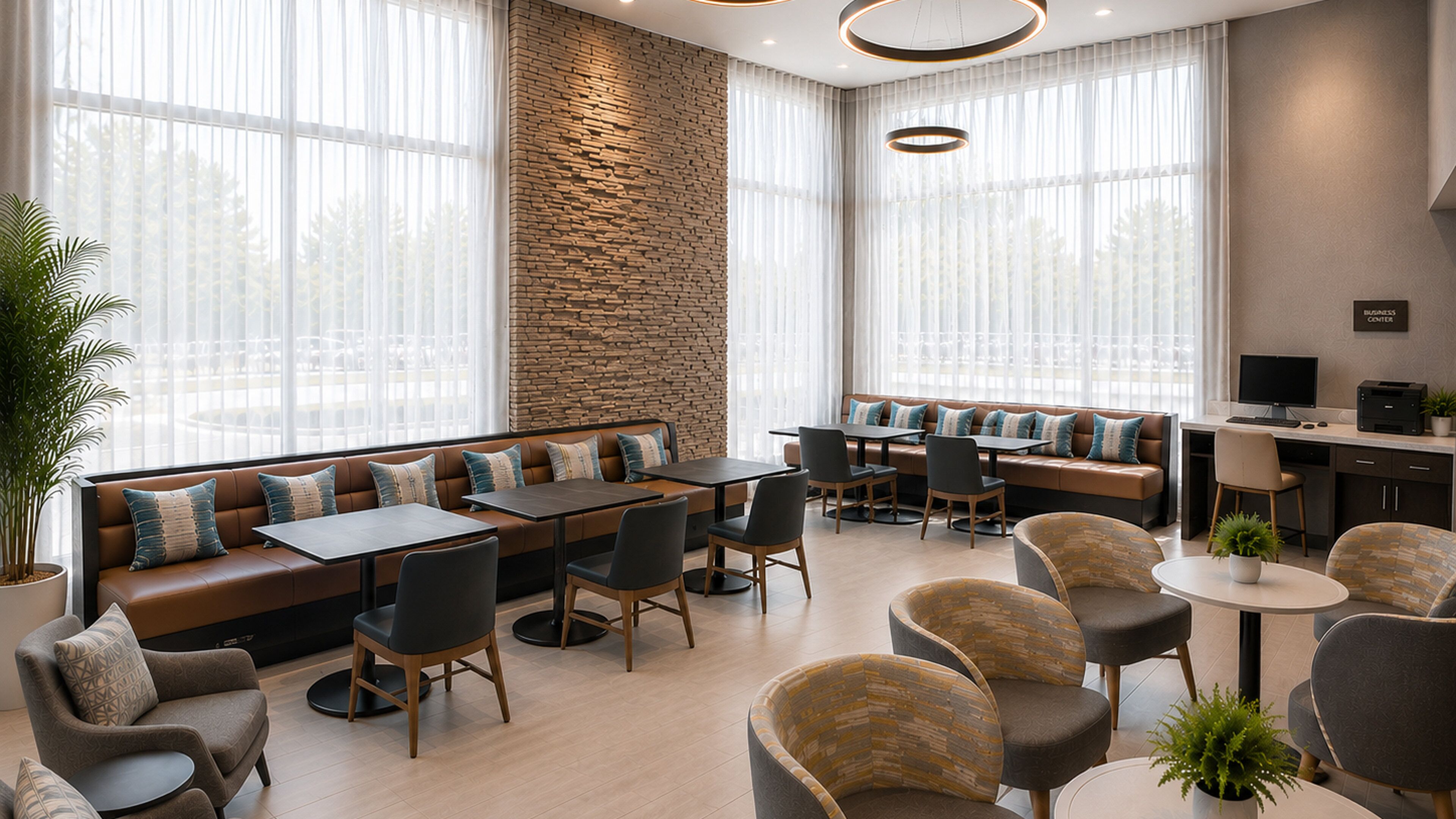 Un hall d’hôtel moderne avec un mur d’accent en pierre, des espaces de détente et un centre d’affaires.