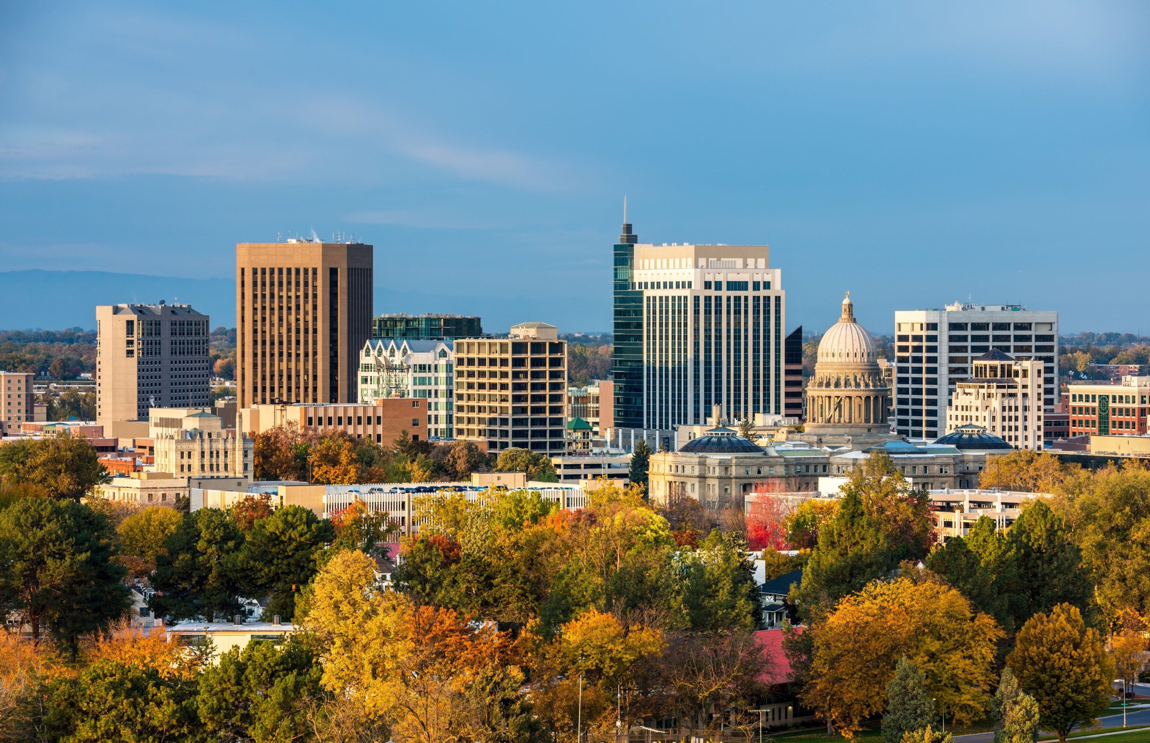 A city skyline with various buildings, including a prominent dome structure and modern skyscrapers.