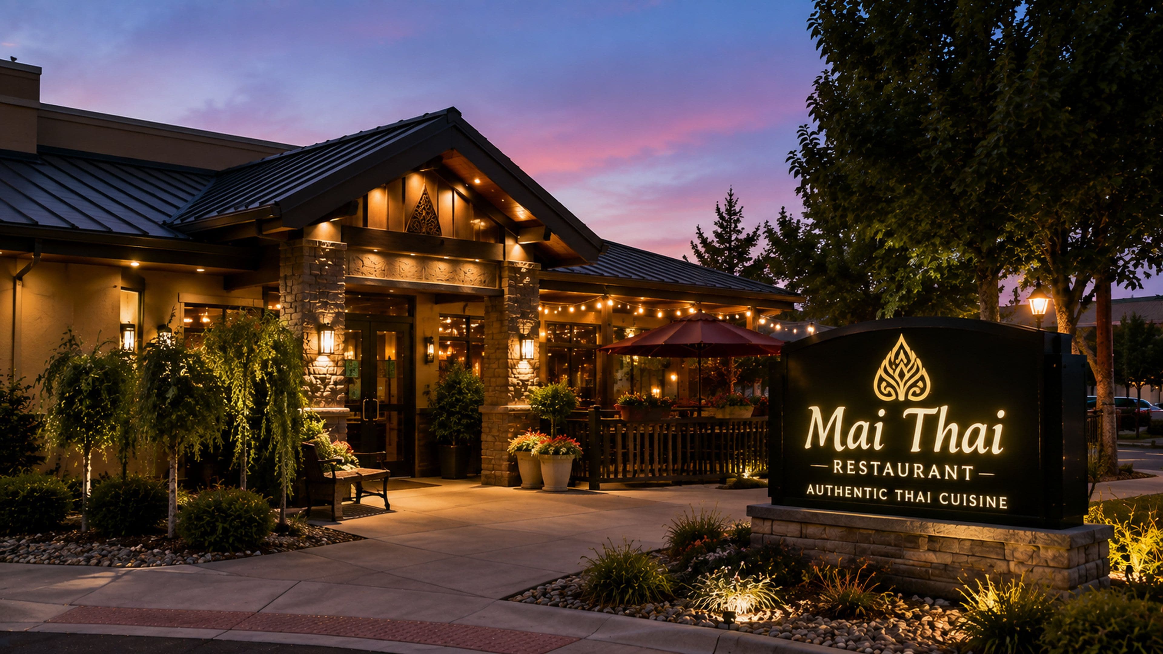 A restaurant with a stone facade, outdoor seating, and a sign indicating authentic Thai cuisine.