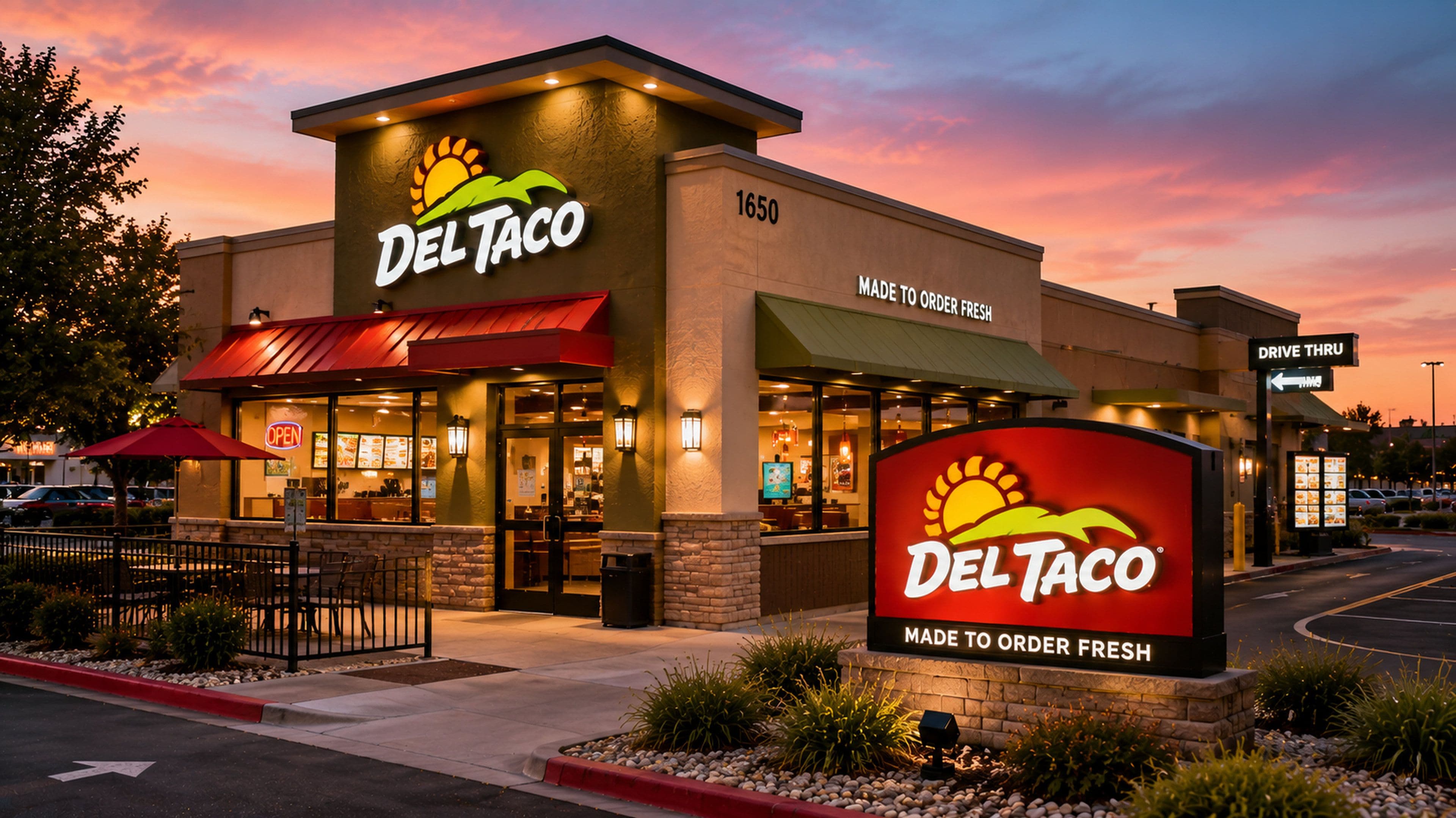 A Del Taco restaurant with a drive-thru and a sign indicating it's made to order fresh.