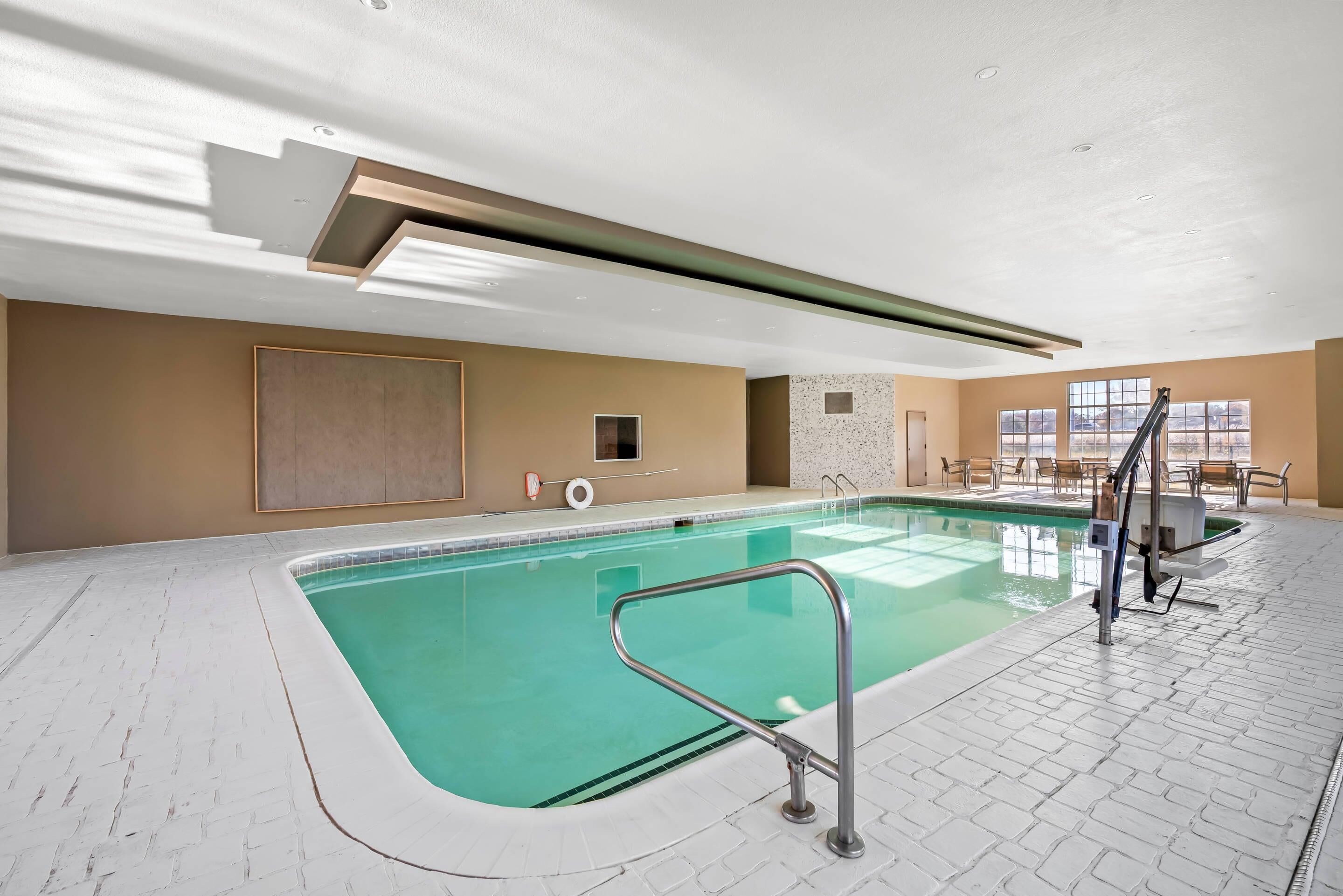 Indoor pool, open 10:00 AM to 9:00 PM, sun loungers