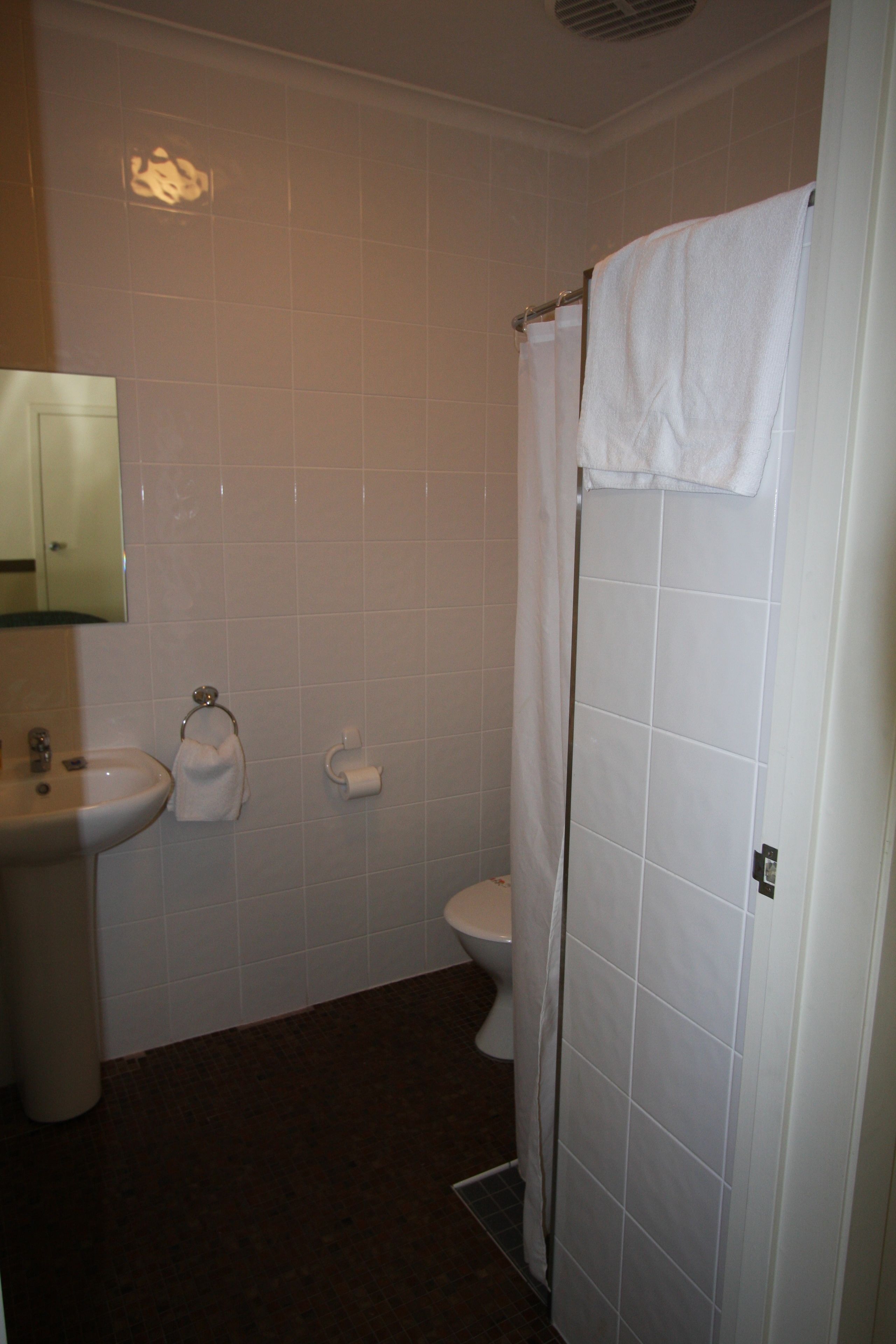 Ein Badezimmer mit Waschbecken, Toilette und Duschvorhang.