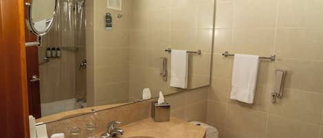 Un baño con lavamanos, espejo, inodoro y ducha.