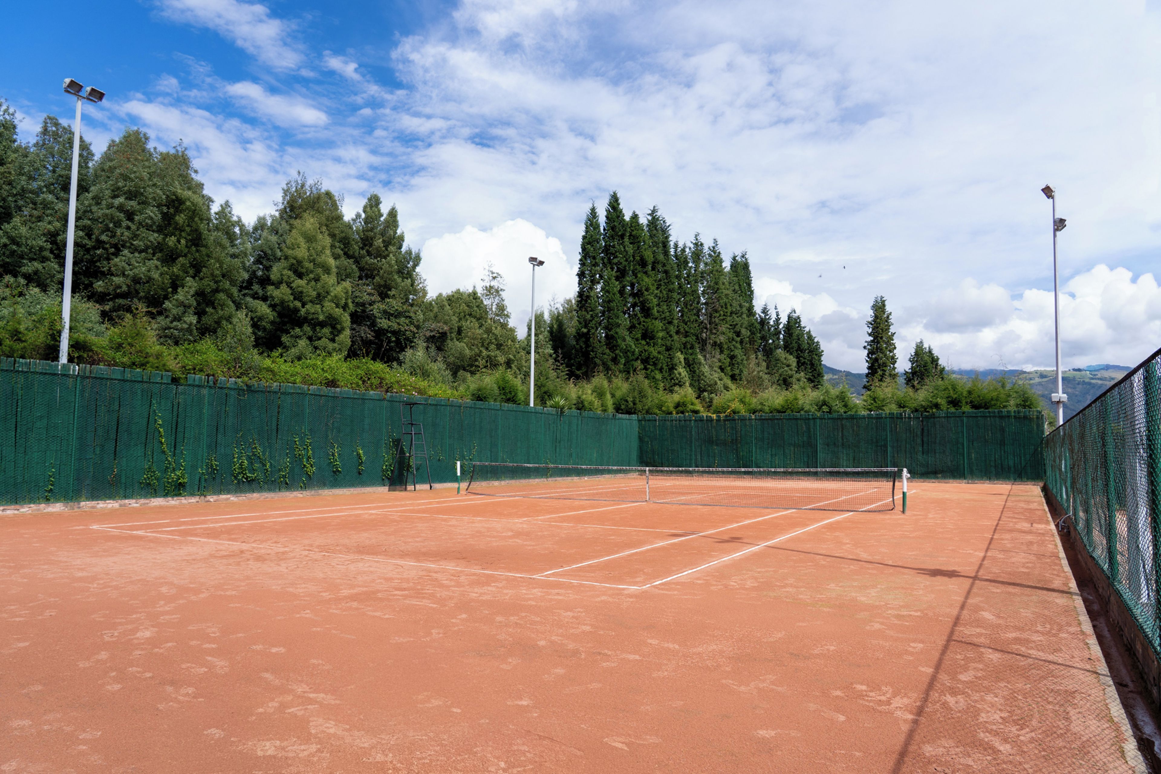 A tennis court with a clay surface, surrounded by a green fence, and trees in the background.