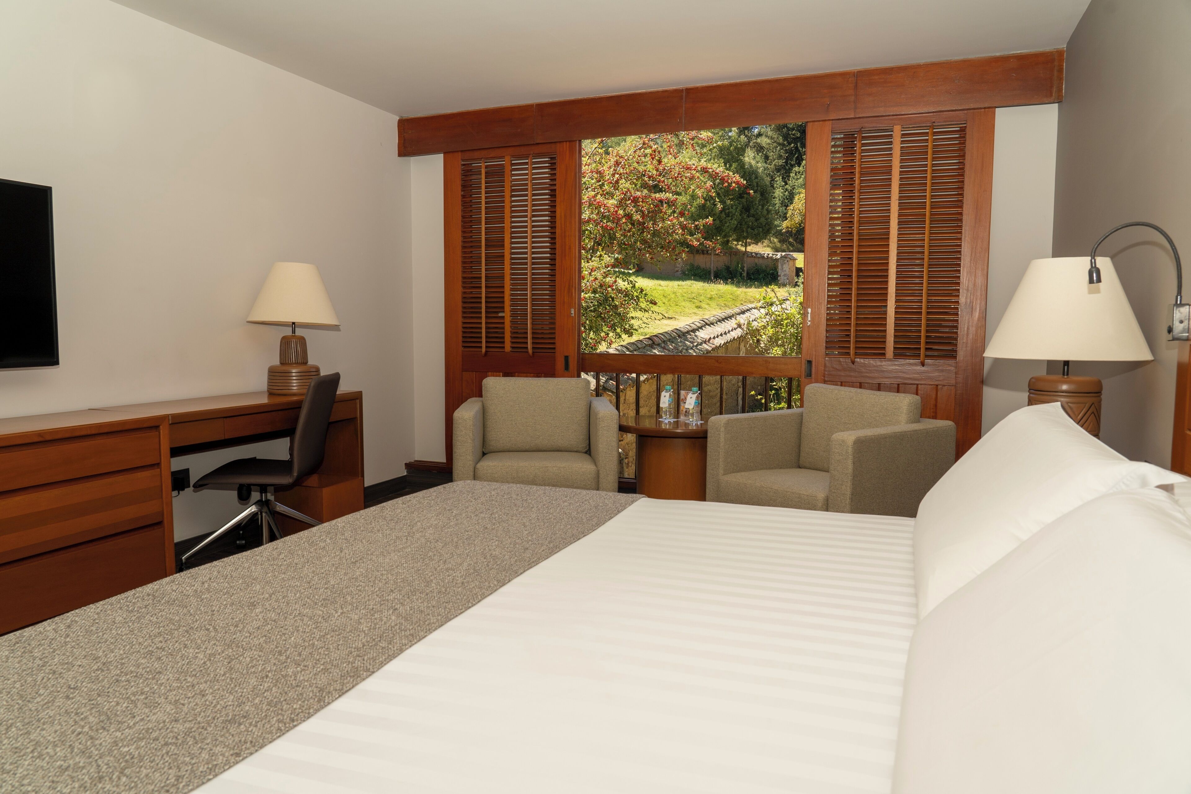 A hotel room with a bed, desk, two chairs, a TV, and a window with a view of greenery.