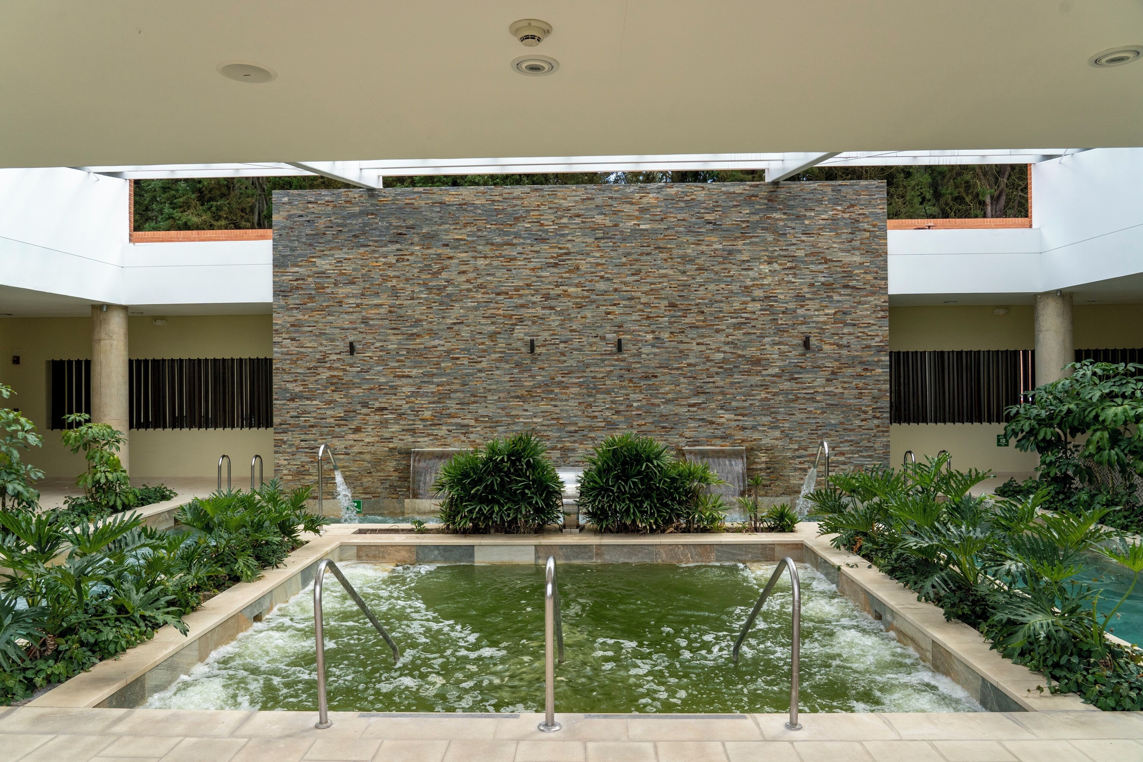 A modern outdoor pool area with a stone wall, surrounded by plants and a clear sky.