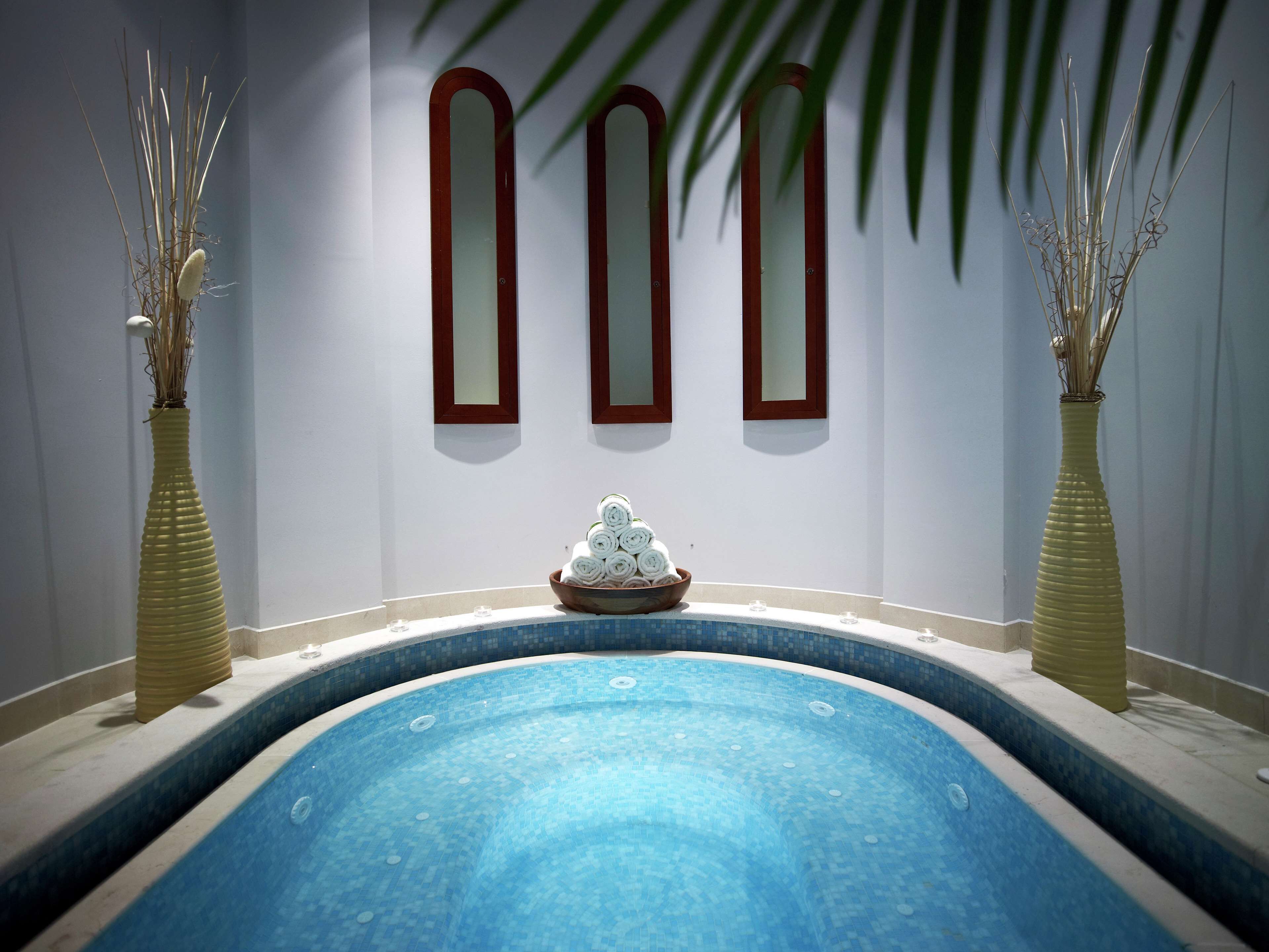 Una piscina con bordo piastrellato, una ciotola di legno con asciugamani arrotolati e due vasi alti con piante secche davanti a una parete con tre specchi.