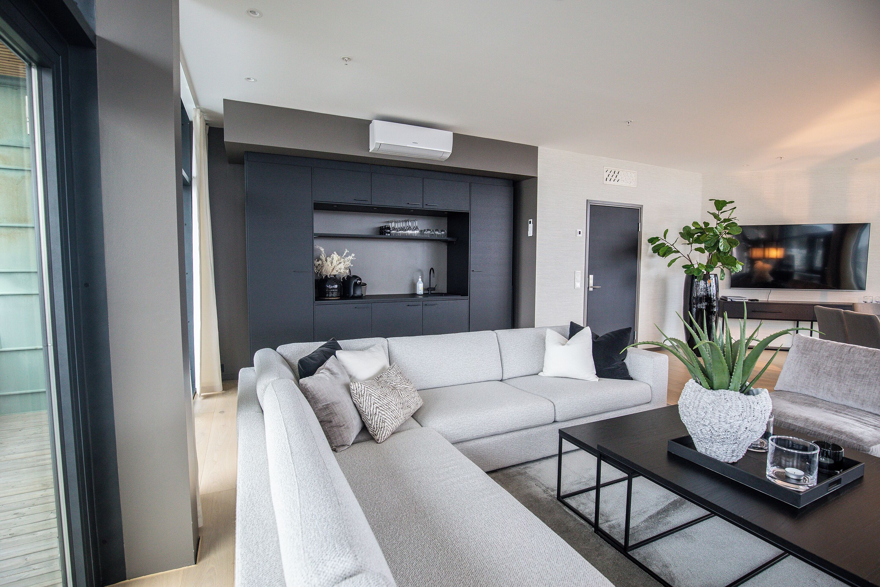 Una sala de estar moderna con un sofá seccional gris, una mesa de centro y un televisor. Hay un mueble bajo oscuro con estantes y una planta en maceta.