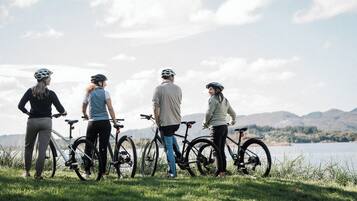 Cuatro personas de pie sobre césped, cerca de bicicletas, con vistas a un cuerpo de agua y montañas.