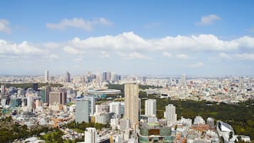 A cityscape with high-rise buildings, a mix of modern and older architecture, and a clear sky.