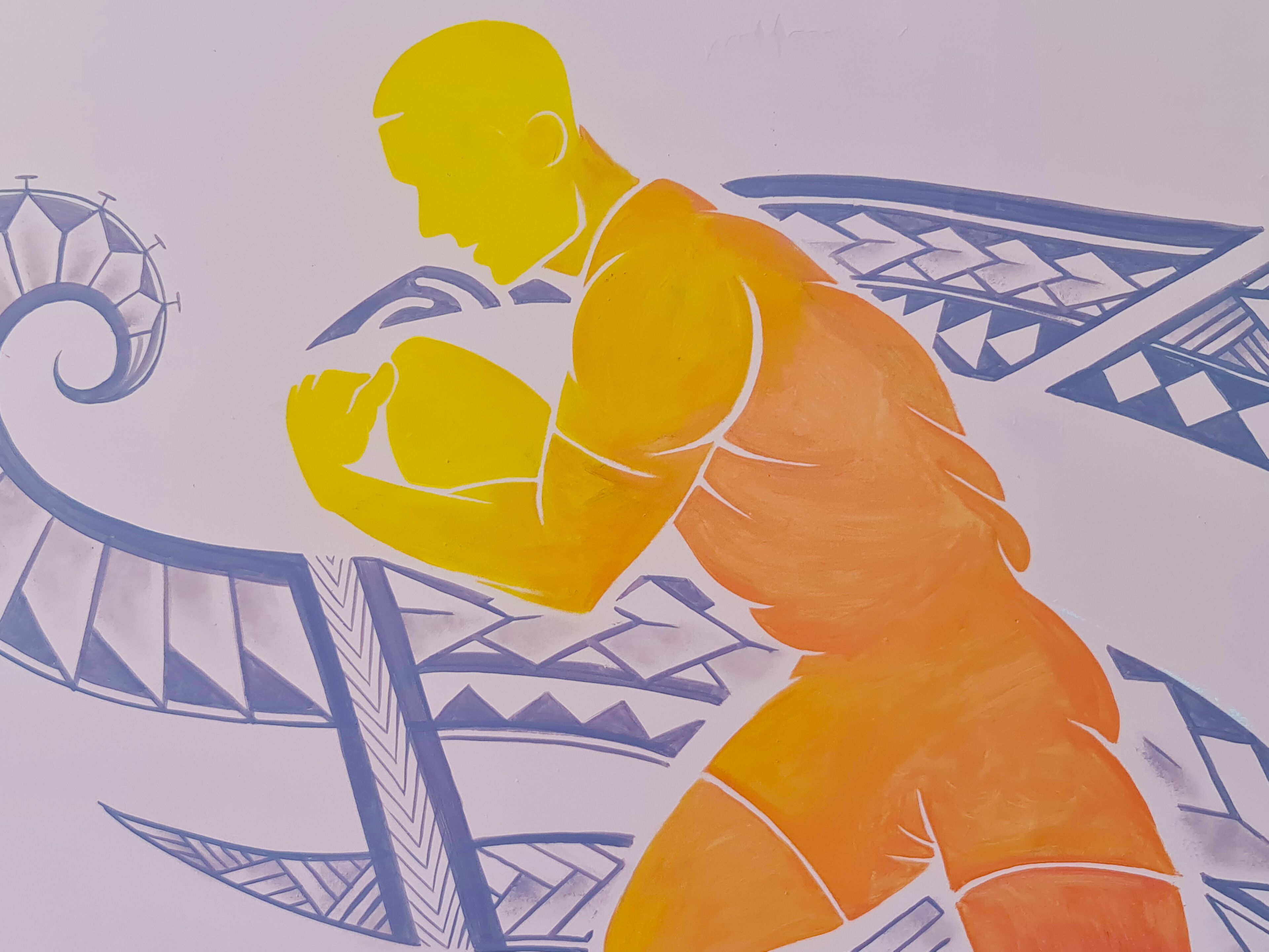 A stylized illustration of a person in a yellow and orange outfit, holding a soccer ball, with a geometric background.