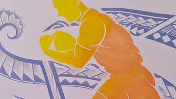 A stylized illustration of a person in a yellow and orange outfit, holding a soccer ball, with a geometric background.