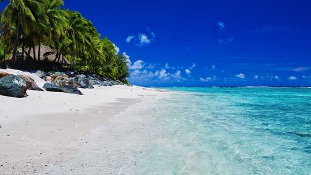 A beach with white sand, clear turquoise water, and palm trees. - The Edgewater Resort & Spa (Rarotonga)