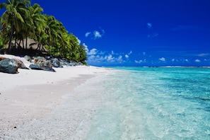Una playa de arena blanca, agua turquesa cristalina y palmeras.