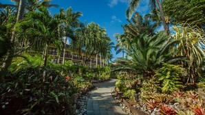 A pathway flanked by lush tropical vegetation and a building with balconies. - The Edgewater Resort & Spa (Rarotonga)