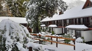 A snow-covered building with a wooden deck, large windows, and a snow-covered tree in the foreground.