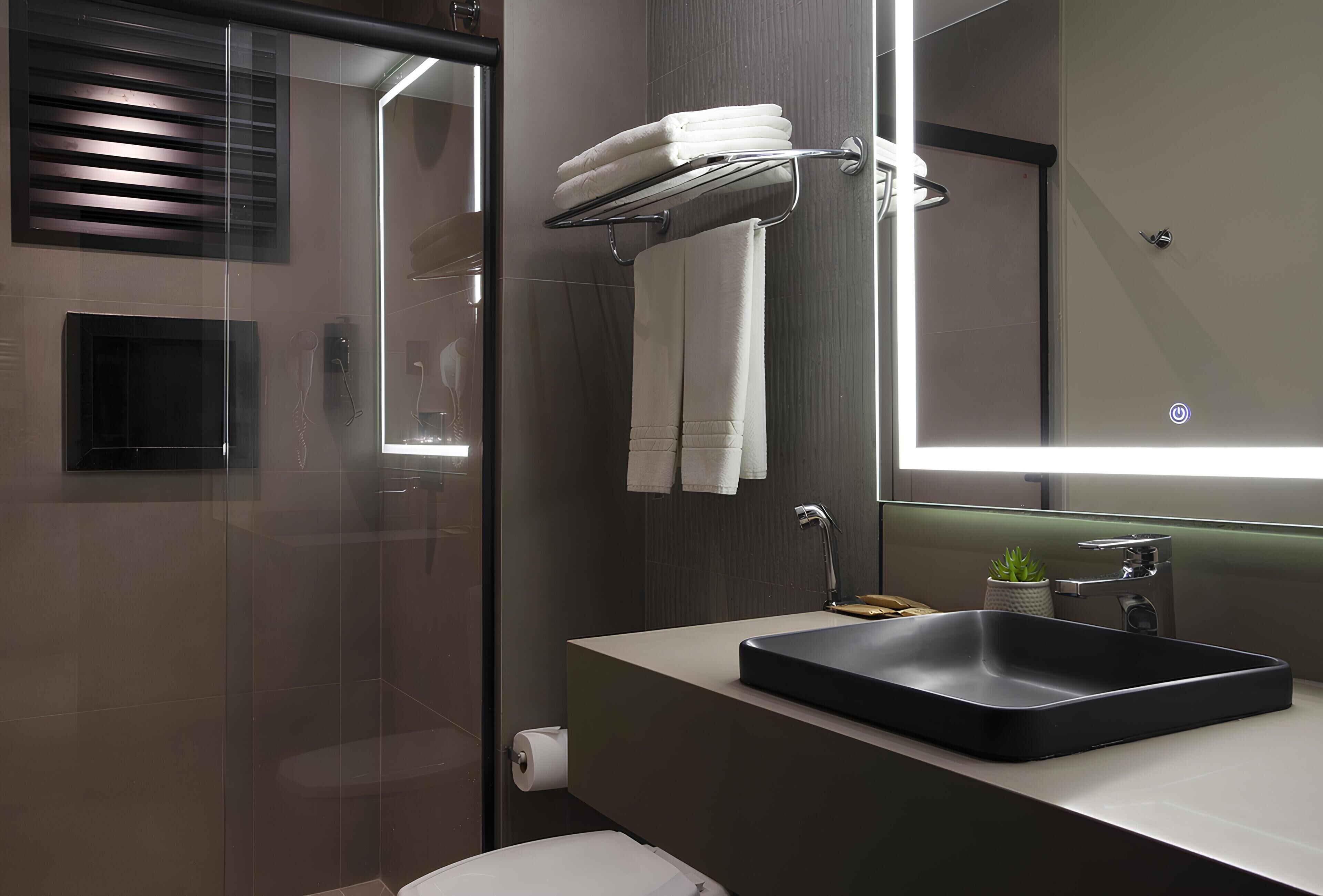 shower, free toiletries, hair dryer, towels