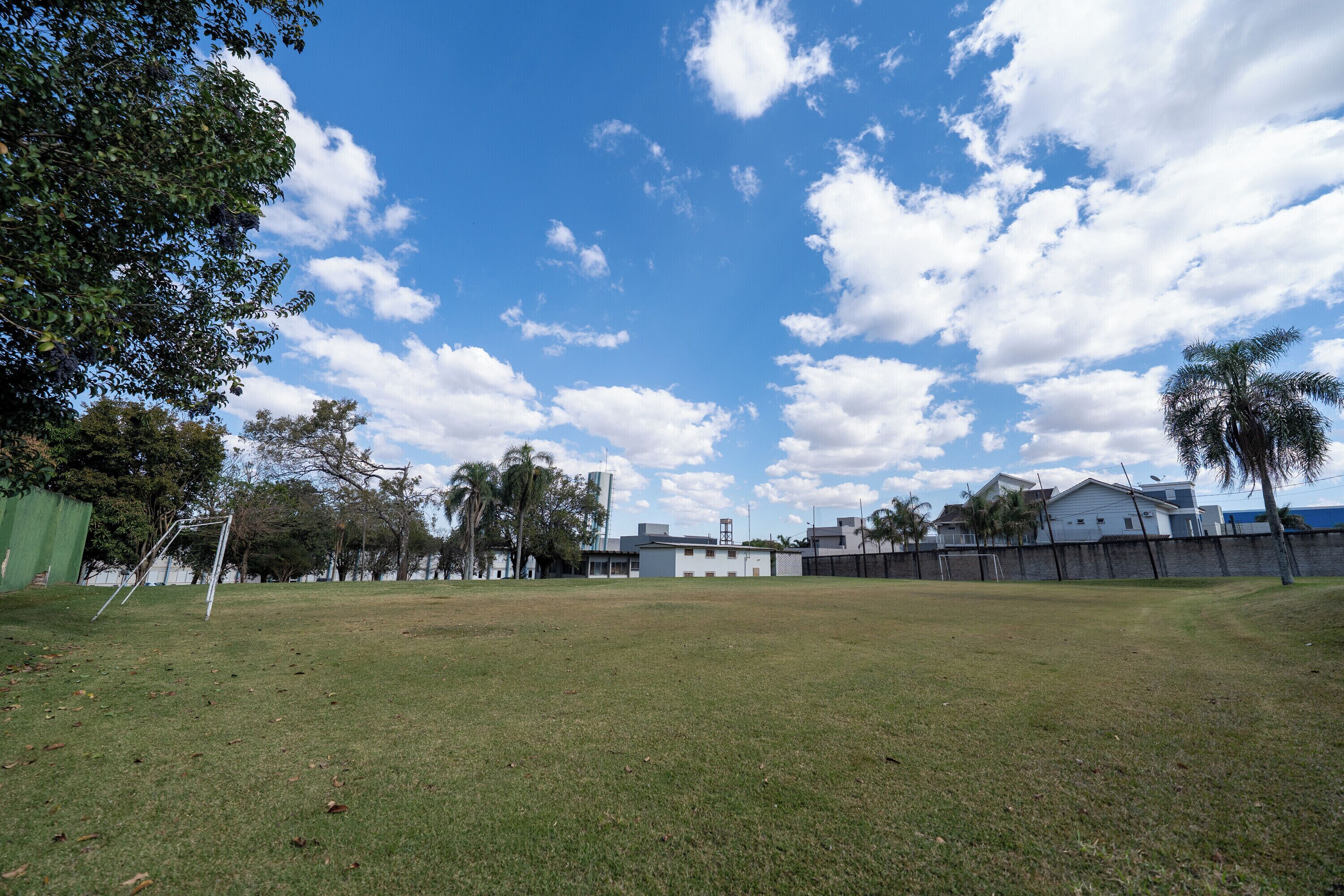 Un campo cubierto de césped con un arco de fútbol, árboles y edificios al fondo.