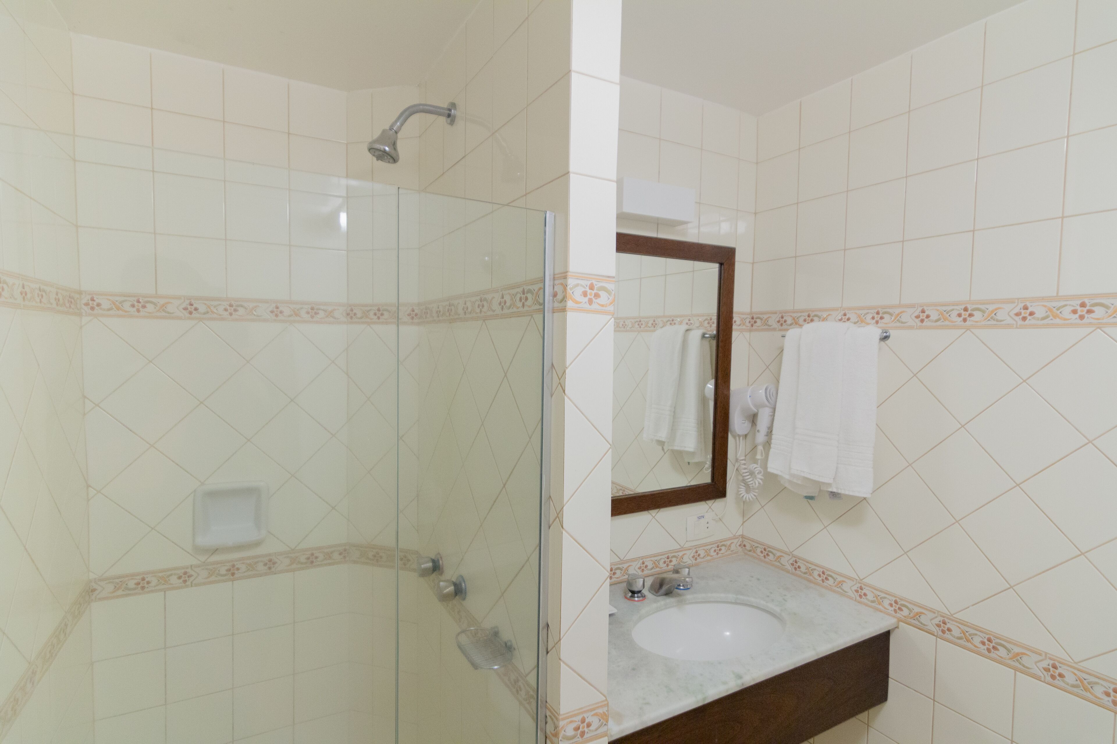 shower, free toiletries, hair dryer, towels