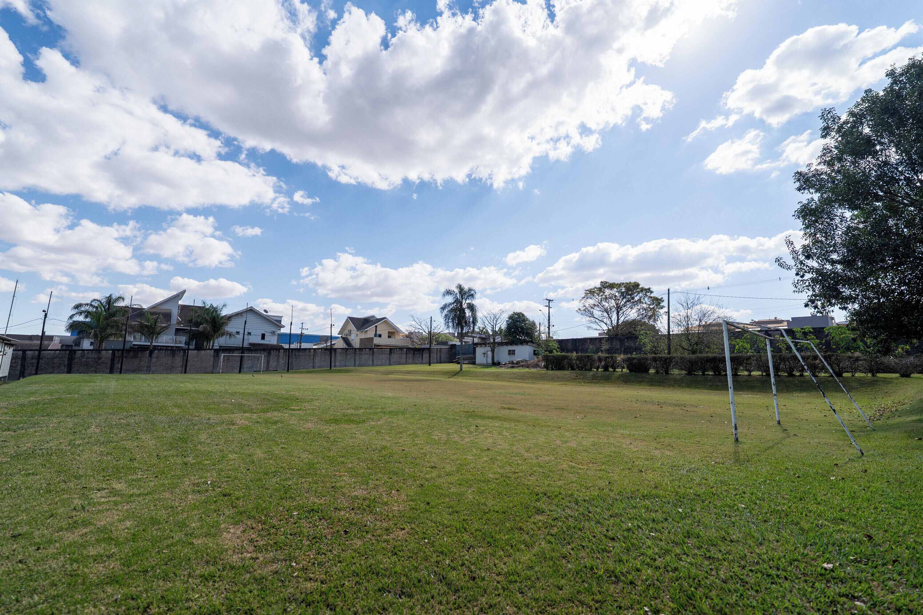 A grassy field with a soccer goal, surrounded by a stone wall and residential buildings.