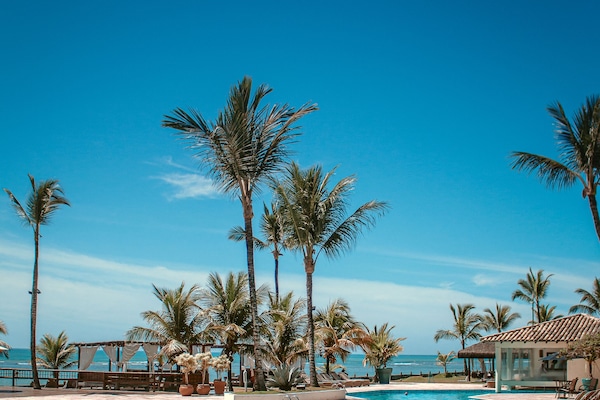 Alberca al aire libre, sombrillas en la alberca y camastros