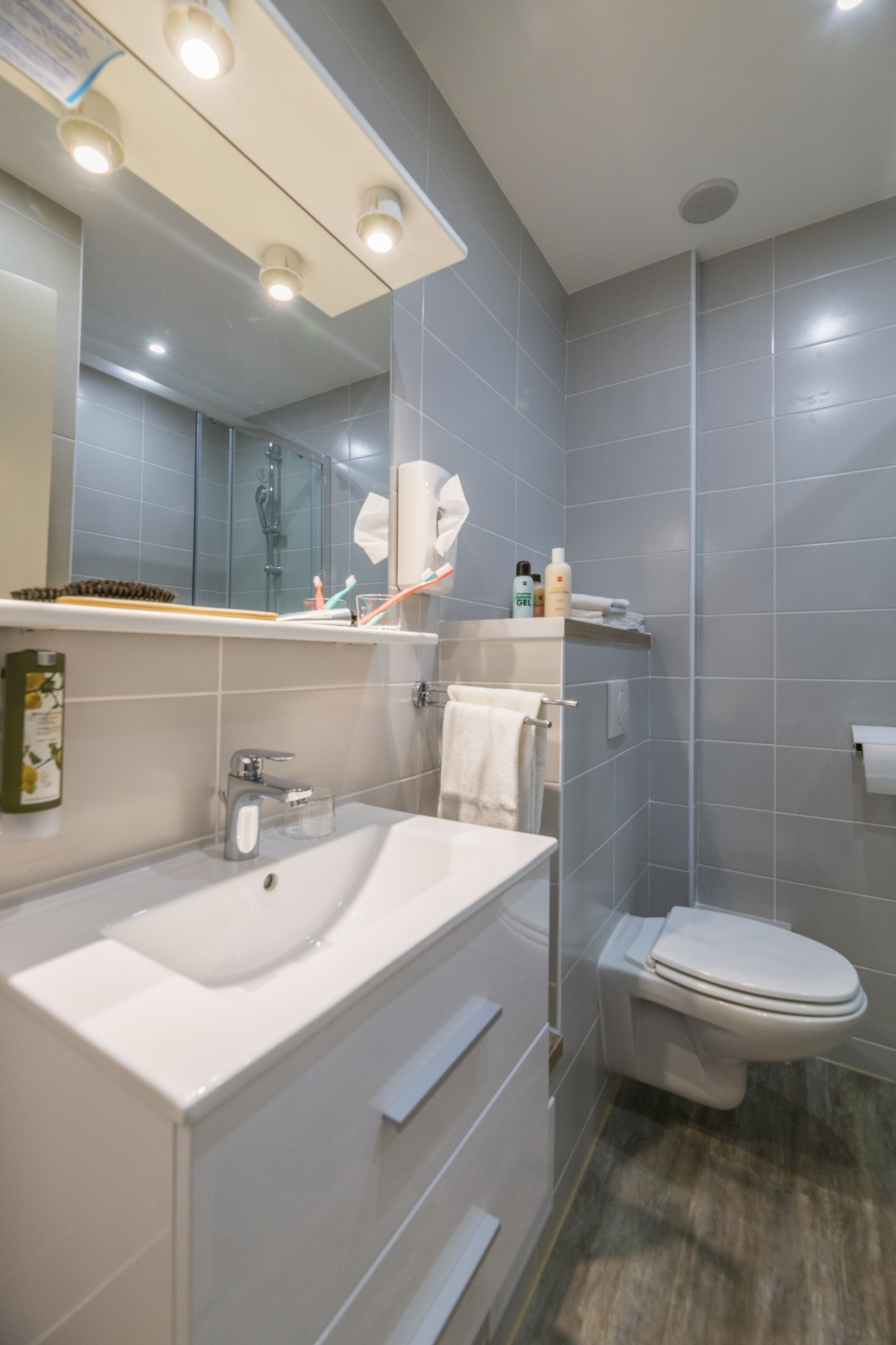 Une salle de bain moderne avec un meuble-lavabo blanc, un miroir, des toilettes et un espace douche.