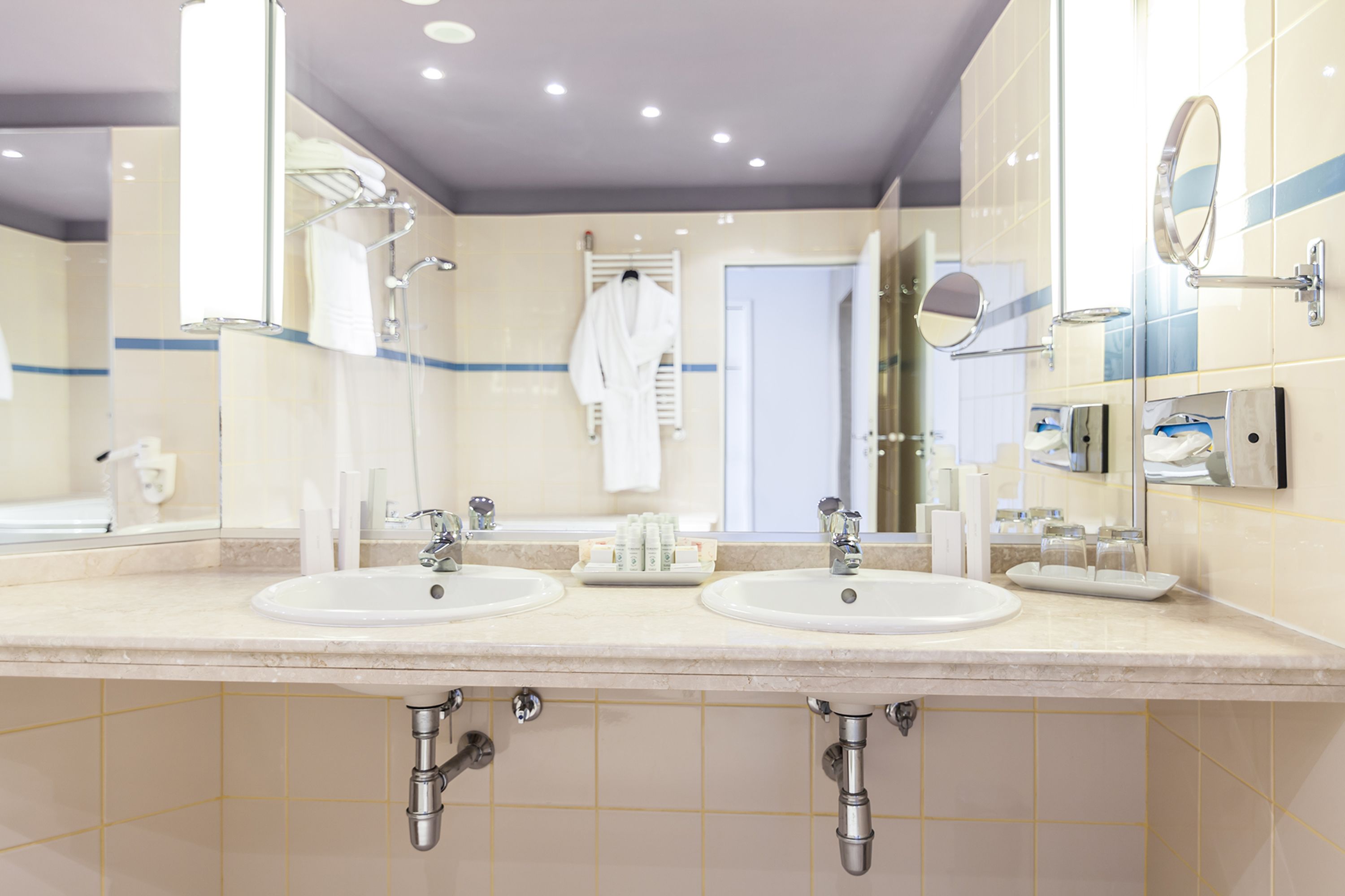 free toiletries, hair dryer, dressing gowns, slippers