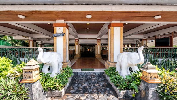 A hotel entrance with a covered walkway, two elephant statues, and a sign reading "The Nasion."