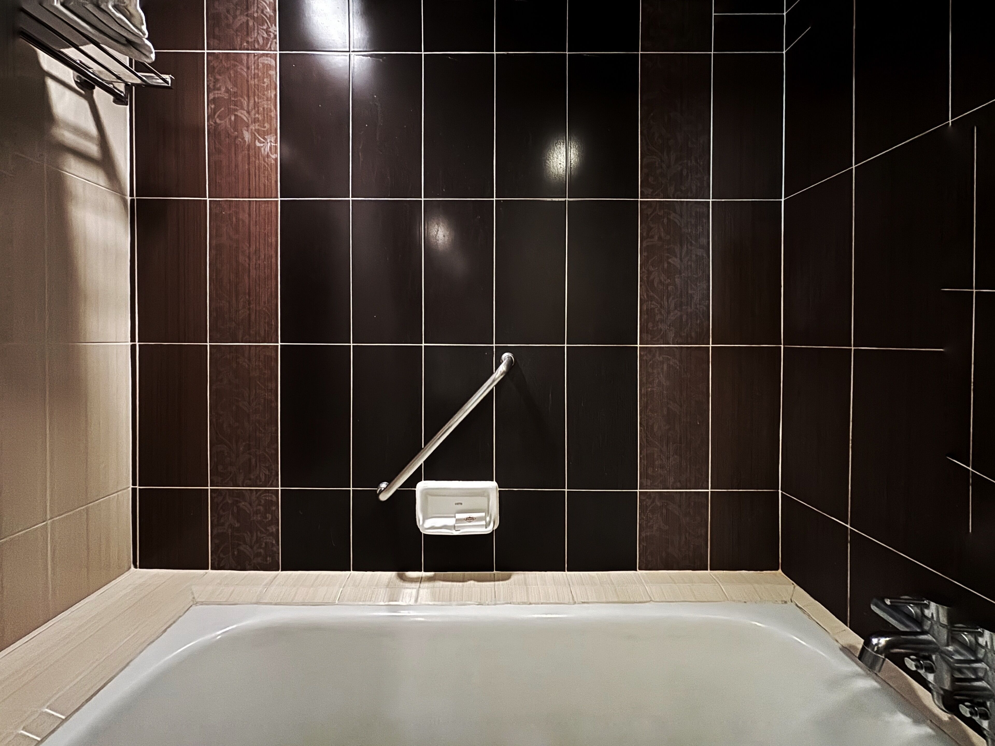 A modern bathroom with a bathtub, a handrail, and a wall-mounted towel rack.