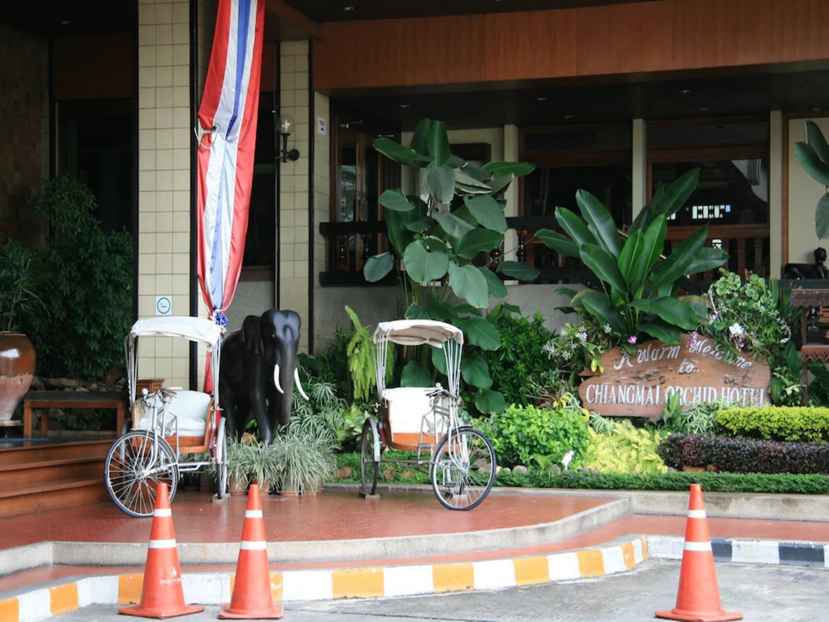 A hotel entrance with a sign reading "Chiangmai Orchid Hotel."