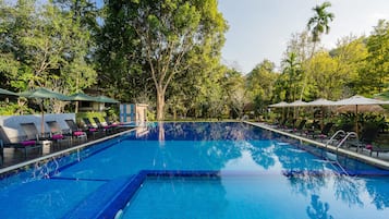 Outdoor pool, pool umbrellas, pool loungers