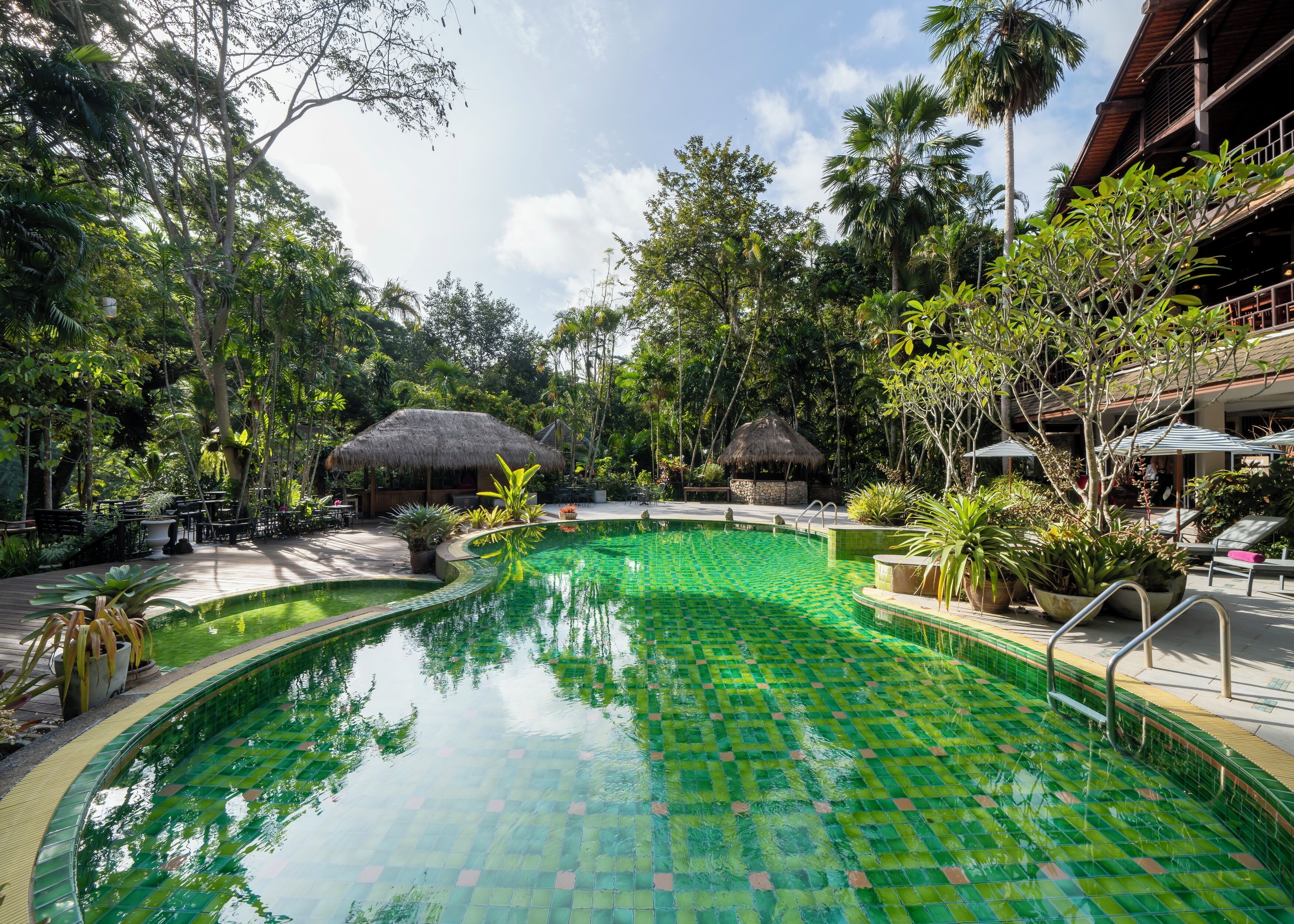 Outdoor pool, pool umbrellas, pool loungers