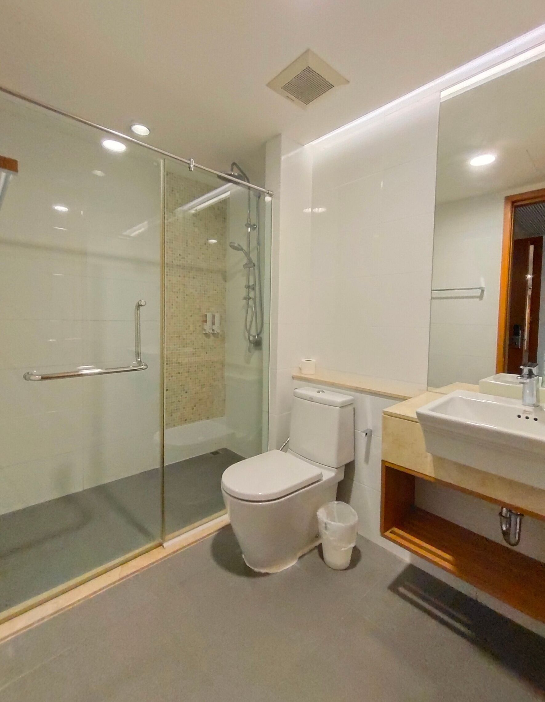 A modern bathroom with a glass-enclosed shower, a toilet, and a sink with a mirror above it.
