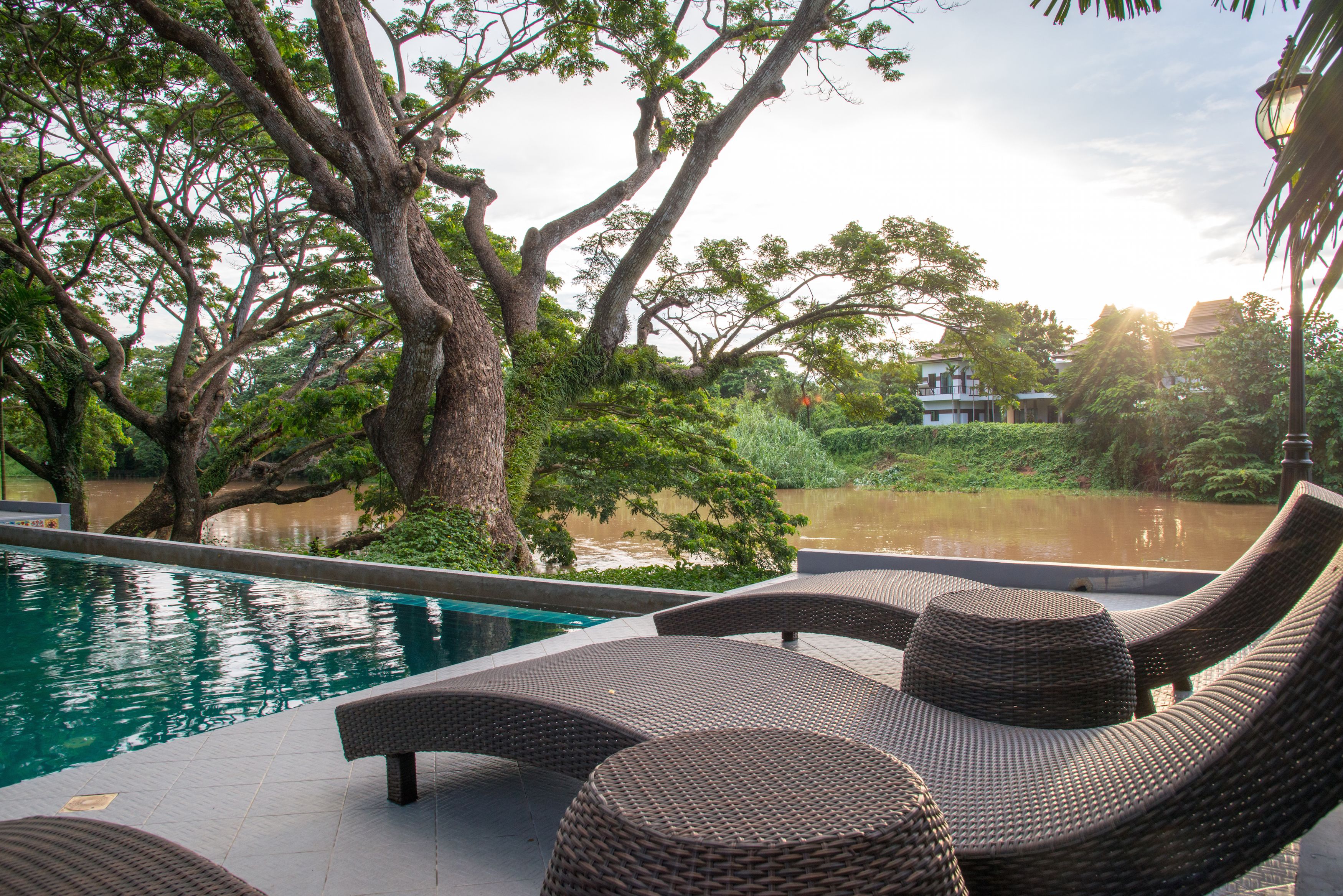 outdoor pool, pool loungers