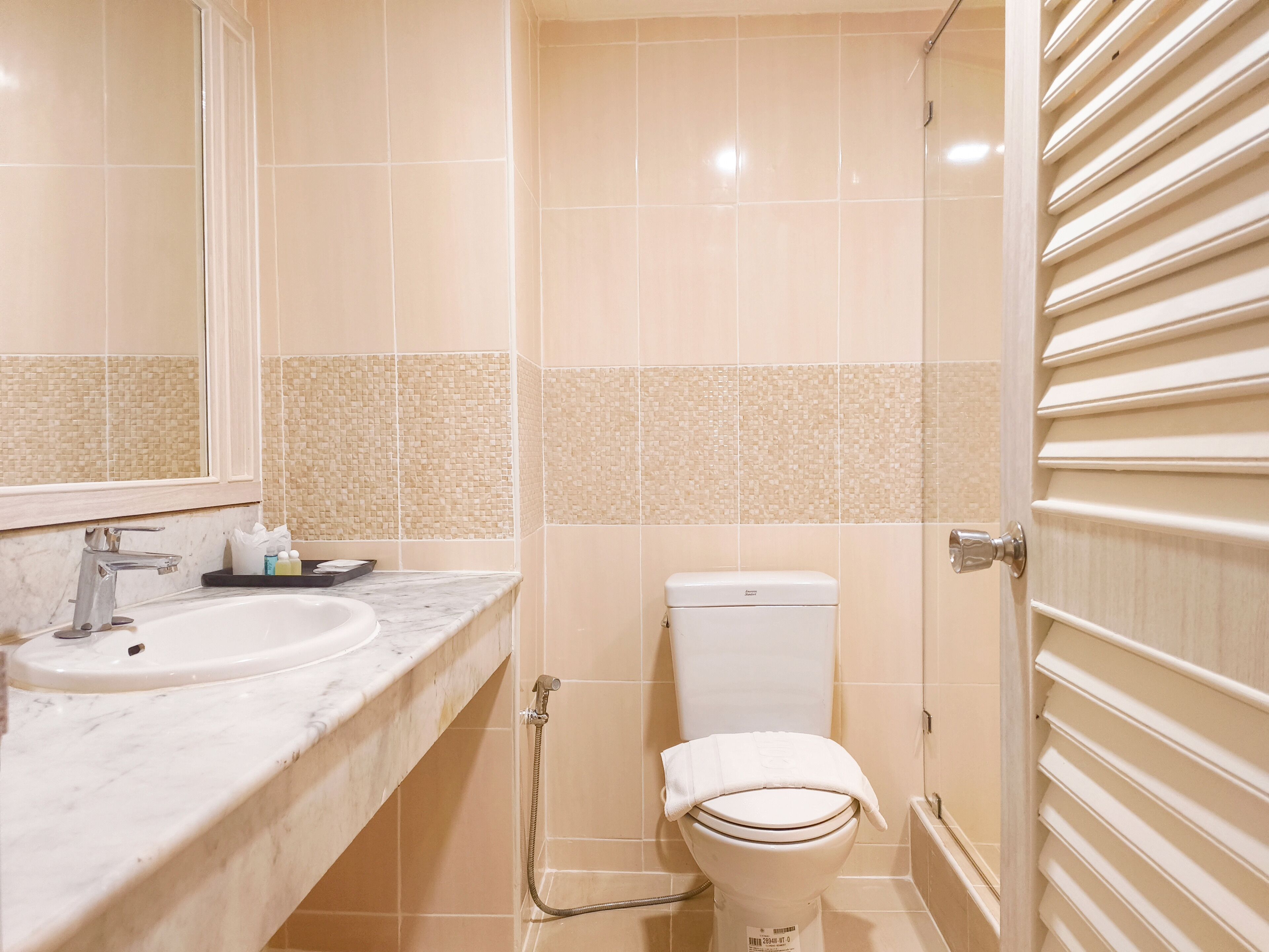 A bathroom with a toilet, a sink, and a shower.