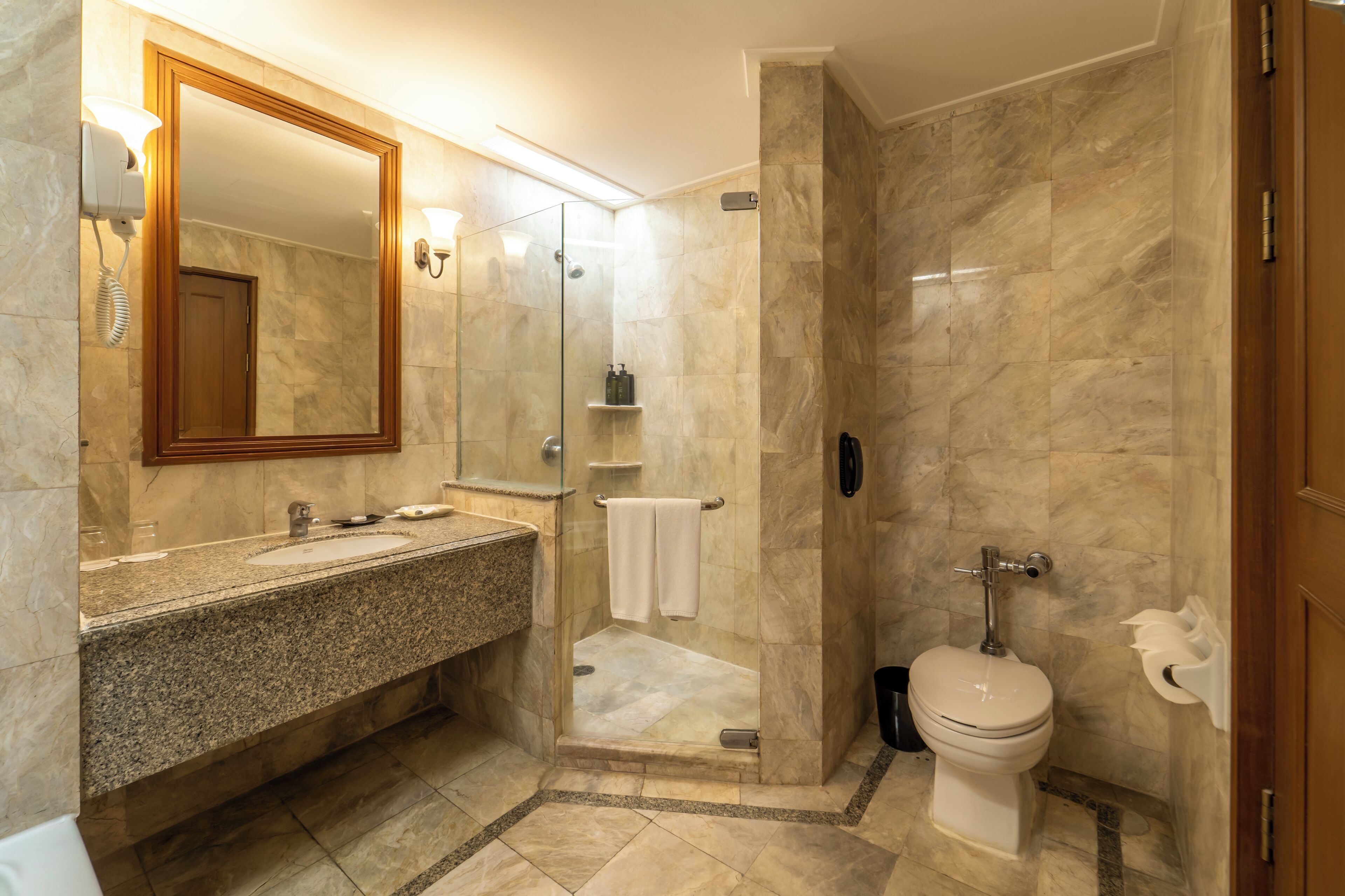 Une salle de bain moderne avec un lavabo surmonté d’un plan de travail en granit, un grand miroir, une douche à parois de verre et des toilettes.