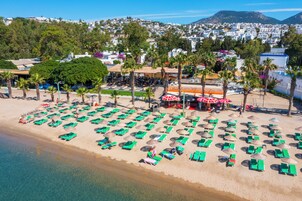On the beach, free beach cabanas, sun loungers, beach umbrellas