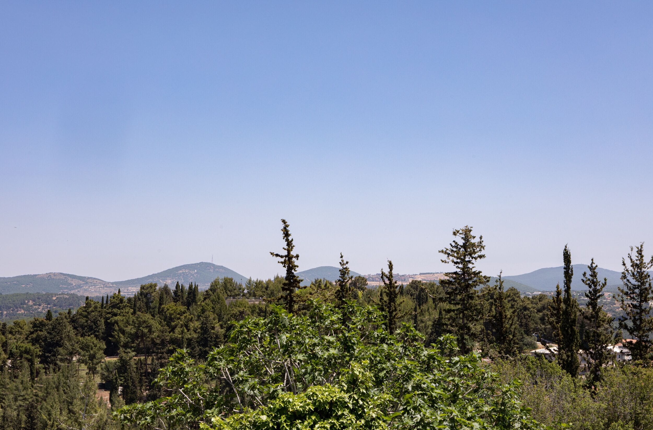 A mountainous landscape with dense forests and scattered buildings.