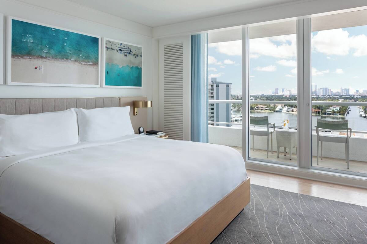 A modern hotel room with a large bed, a view of the cityscape through floor-to-ceiling windows, and artwork on the wall.