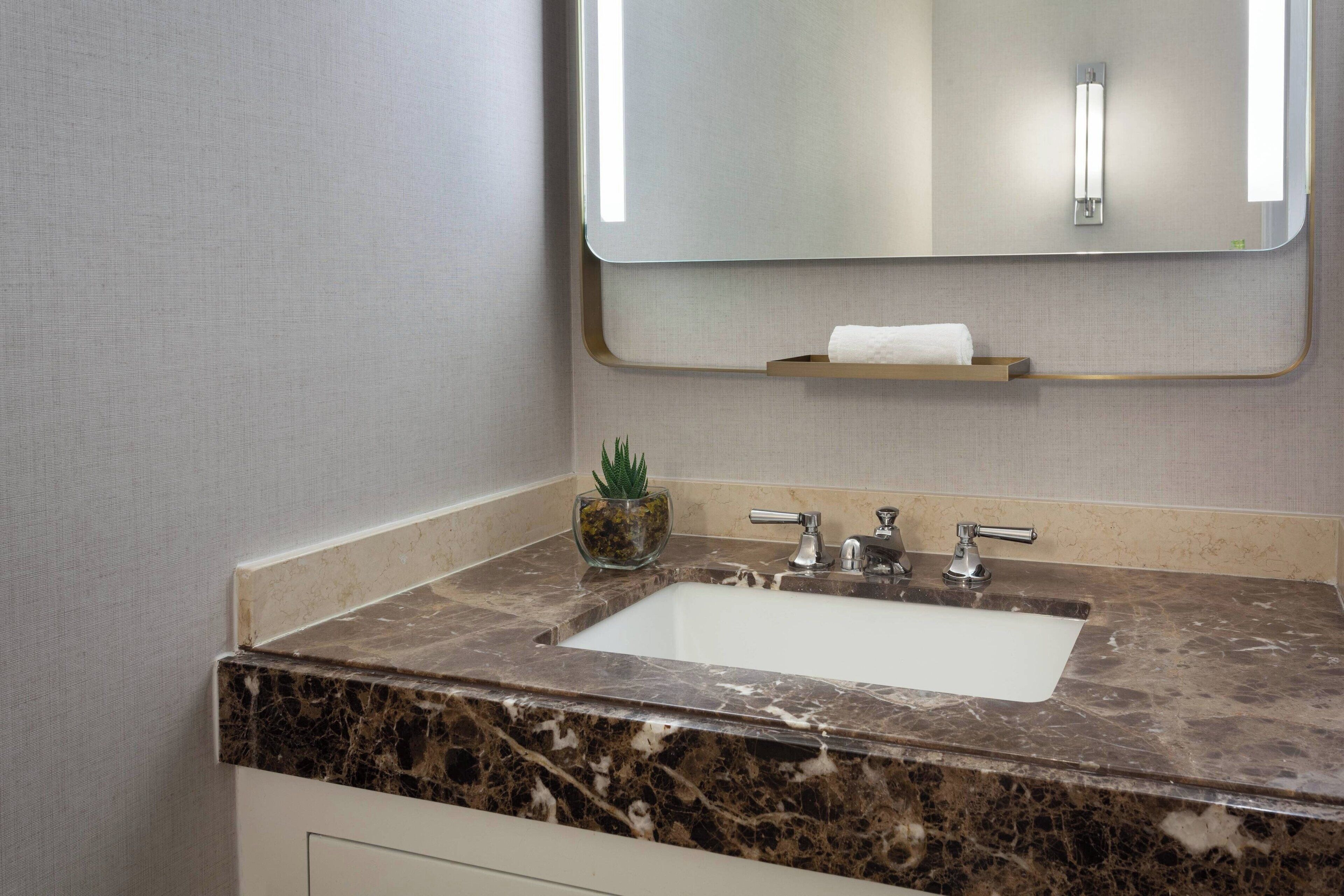 A bathroom with a marble sink, a mirror, and a small potted plant.