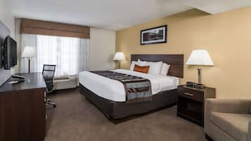 Desk, laptop workspace, blackout curtains, iron/ironing board