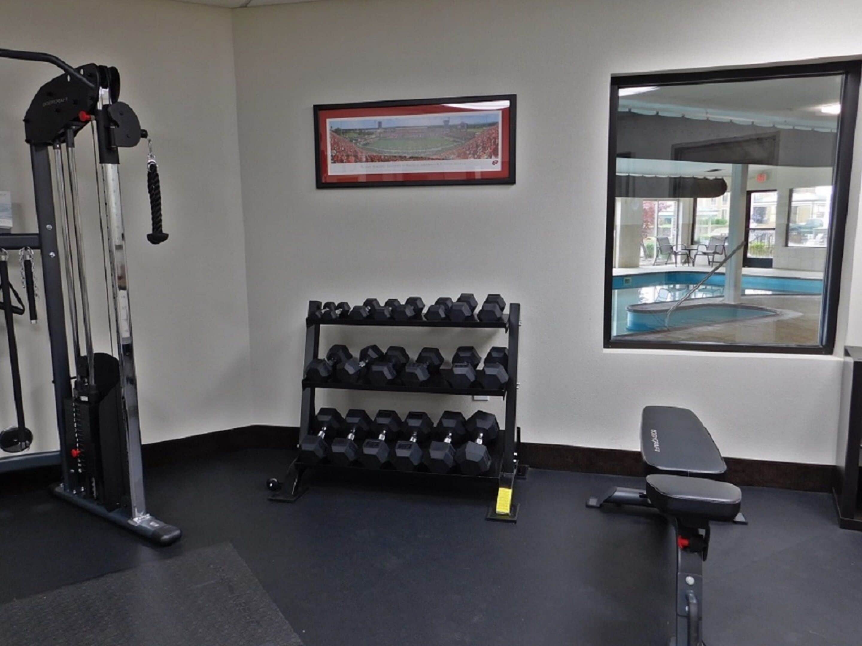 A gym with weightlifting equipment, a bench, and a rack of dumbbells.