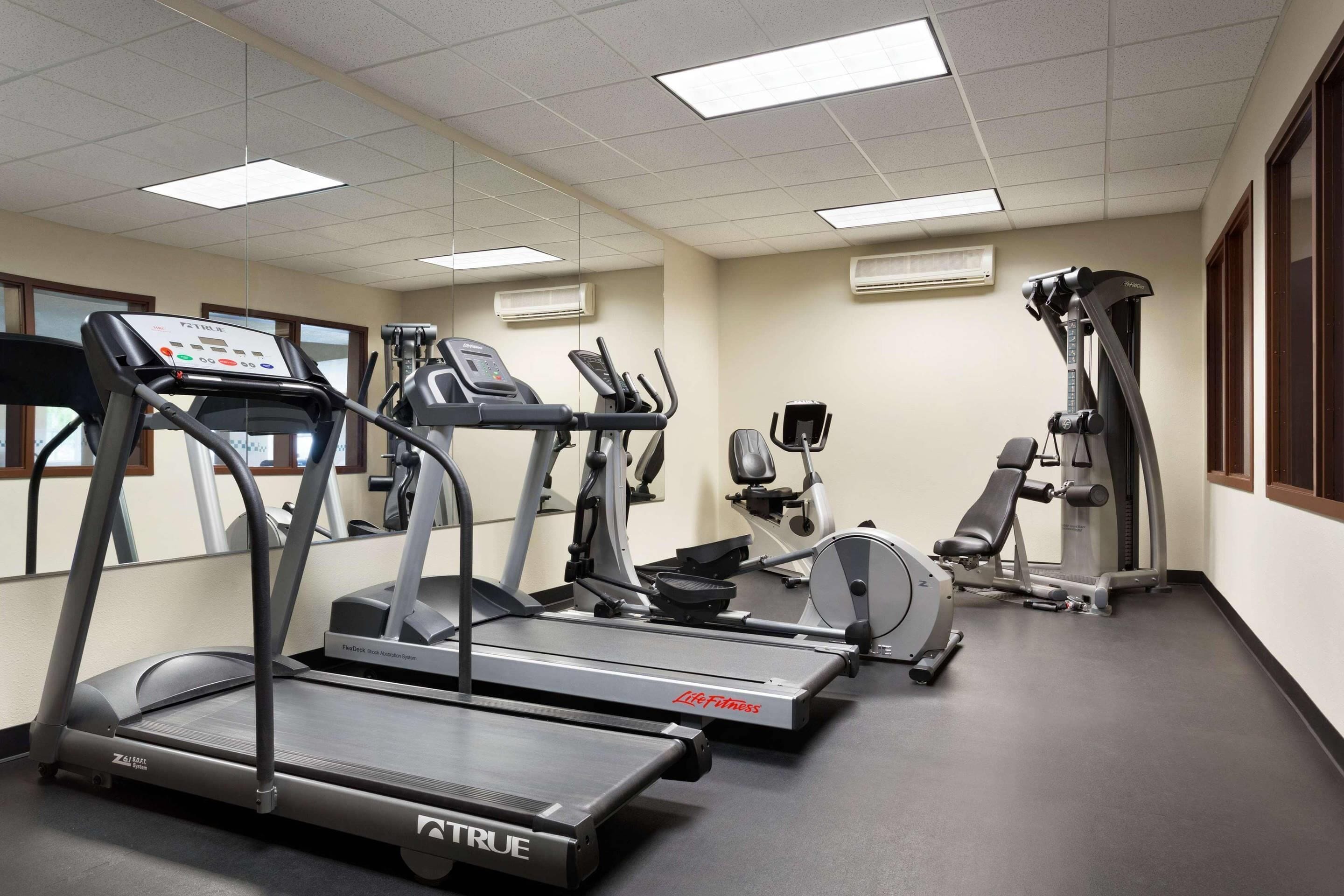 A gym with treadmills, elliptical machines, and a weight machine.